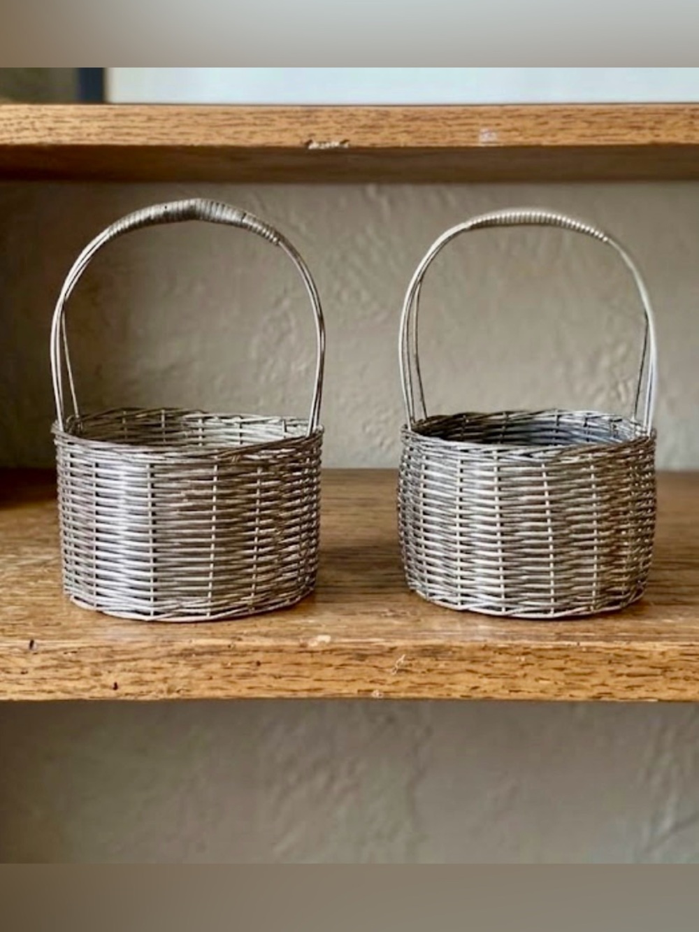 Silver Woven Round Handle Basket Pair